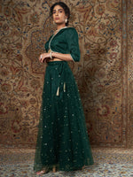 Women Green Crepe Top With Tulle Aanrkali Skirt