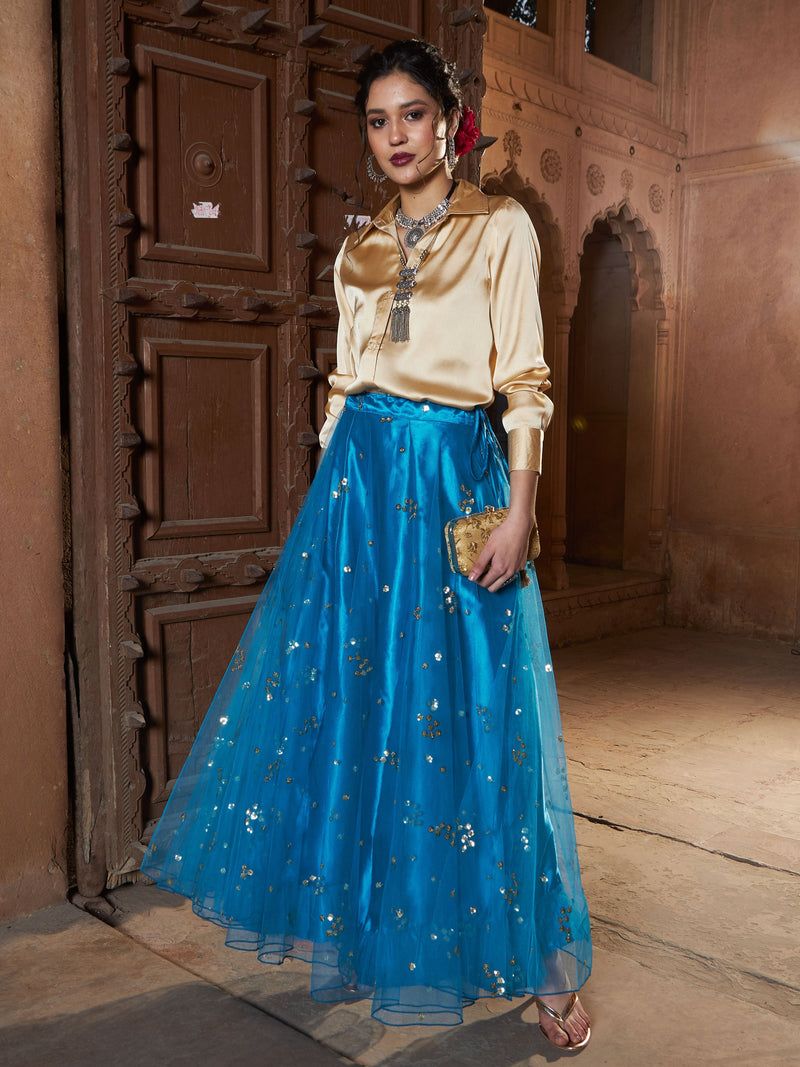 Women Gold Satin Shirt With Teal Tulle Sequin Skirt