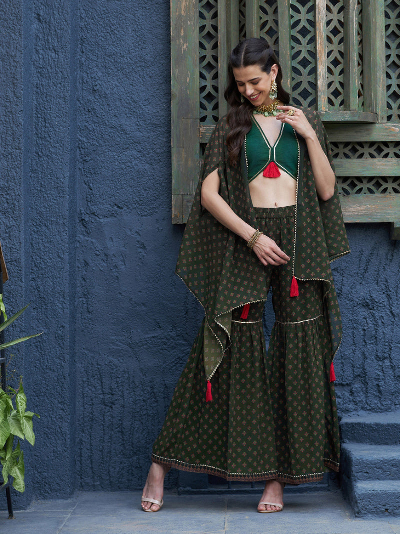 Women Green Floral Sharara with Cape and Solid Crop Top