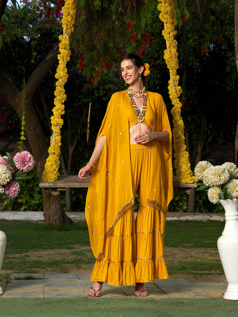 Women Yellow Crop Top With Tiered Sharara And Emb Cape