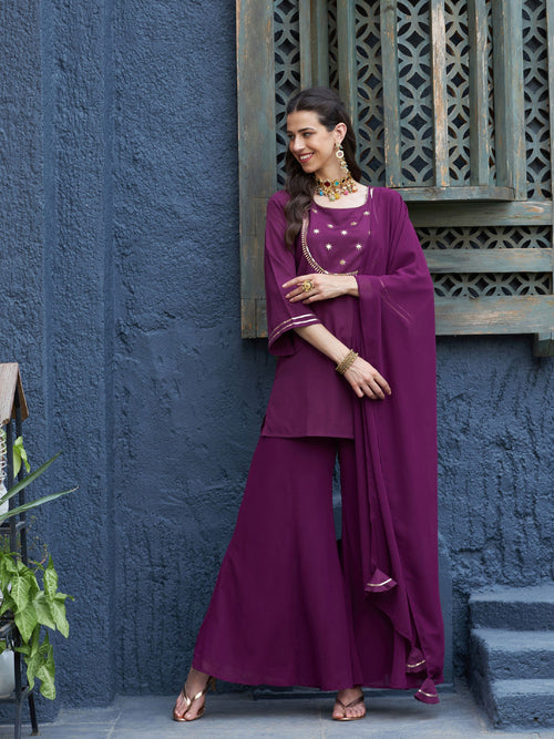 Women Burgundy Emb Short Kurta With Palazzo And Dupatta