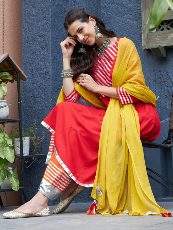 Women Red & Orange Gota Detail Anarkali Kurta Set With Mustard Dupatta