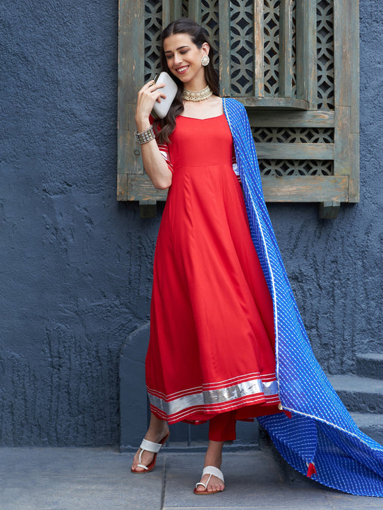 Women Red Anarkali Kurta Set With Blue Lehariya Dupatta