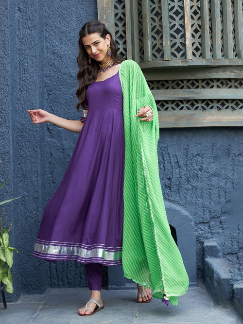 Women Purple Anarkali Kurta Set With Green Lehariya Dupatta