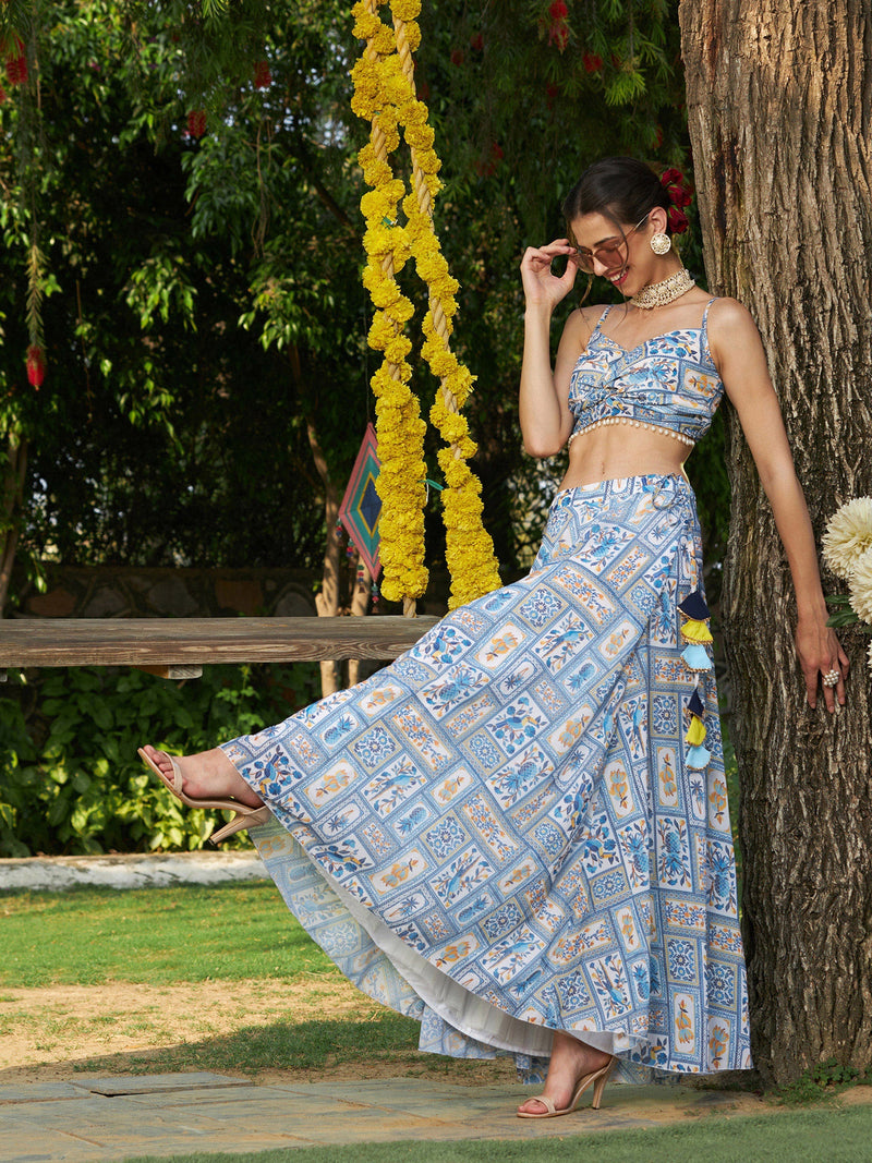 Women Blue Floral Strappy Crop Top With Bias Flared Skirt
