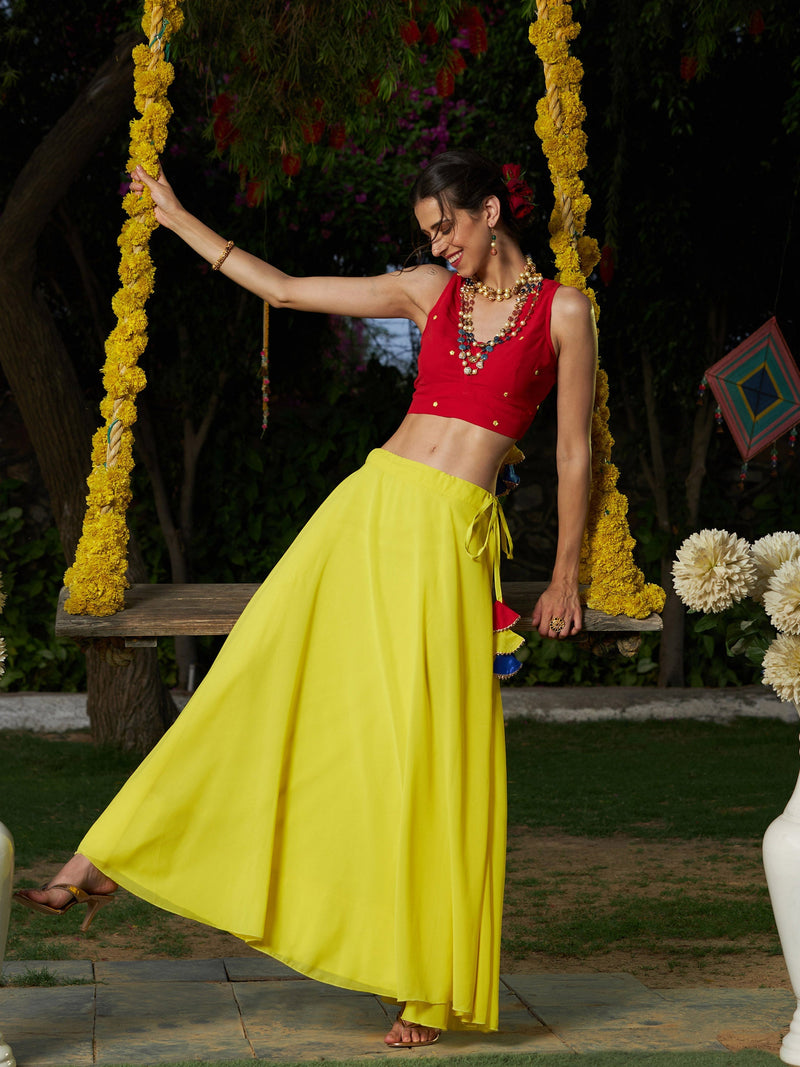 Women Red Embroidered Crop Top With Yellow Flared Skirt