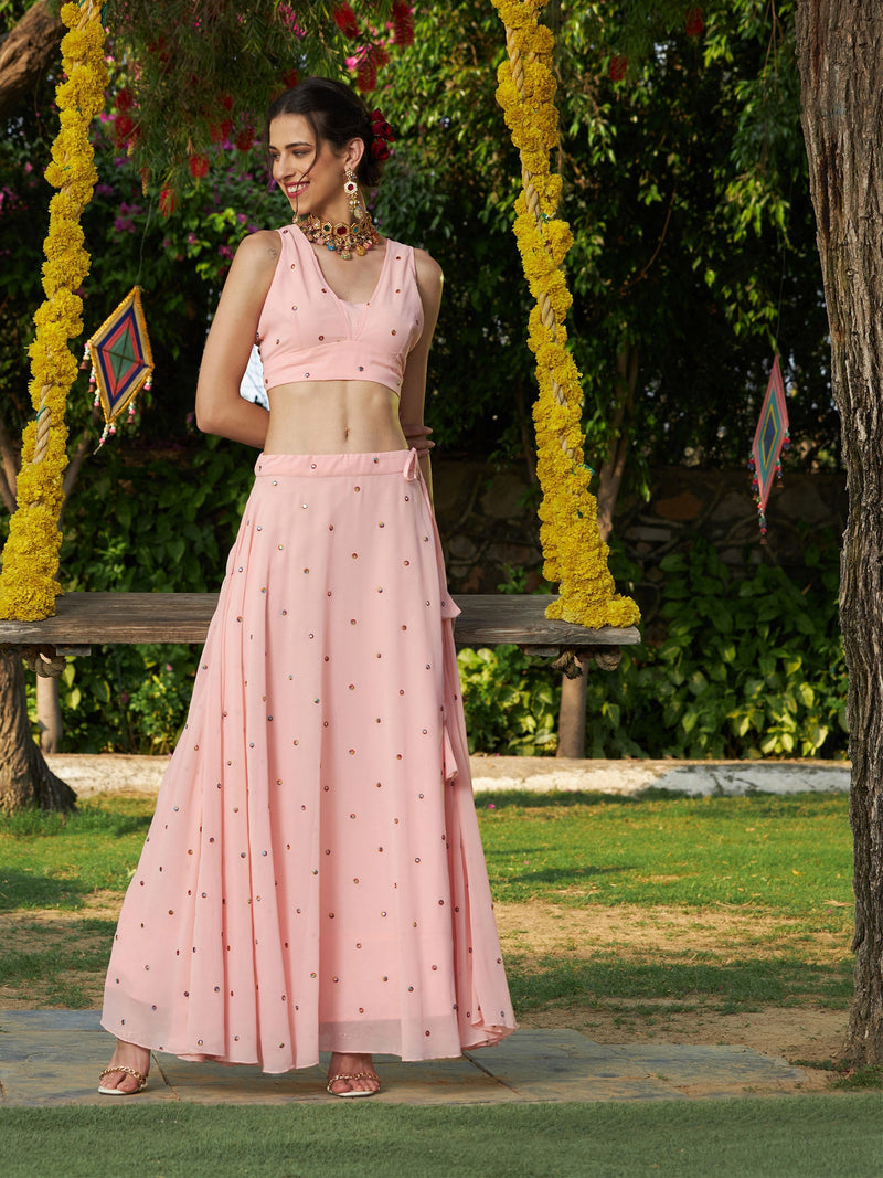 Women Pink Embroidered Crop Top With Bias Flared Skirt