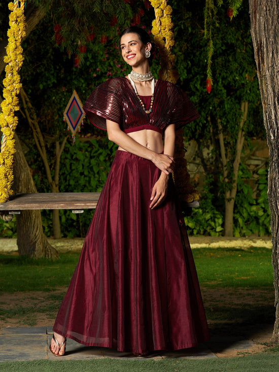 Women Maroon Mesh Mettalic Detail Top with Chanderi Skirt