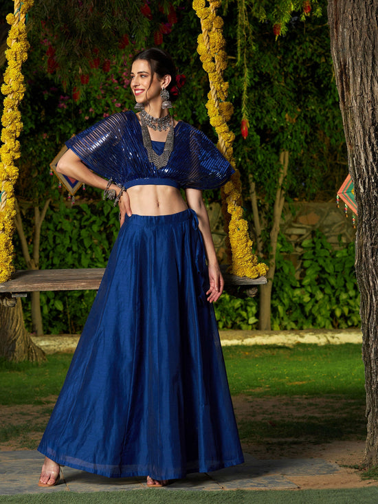 Women Blue Mesh Mettalic Detail Top with Chanderi Skirt