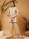 Women Beige Contrast Embroidered Top With Front Slit Pants