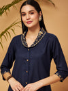 Women Navy Zari Embroidered Shawl Collar Top With Palazzos
