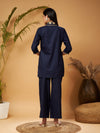 Women Navy Zari Embroidered Shawl Collar Top With Palazzos