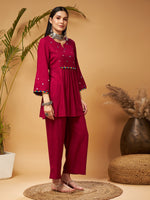 Women Burgundy Mirror Work Embroidered Top With Palazzos