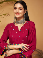 Women Burgundy Mirror Work Embroidered Top With Palazzos