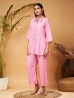 Women Pink Zari Embroidered Shirt Collar Top With Palazzos