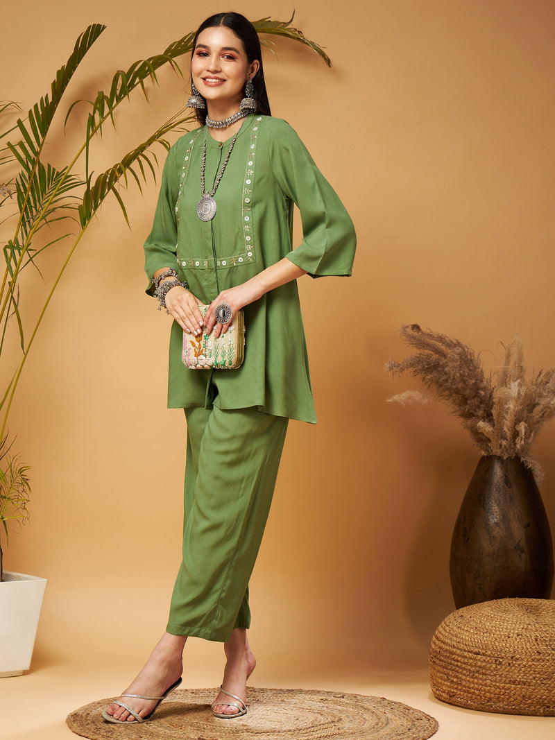Women Green Zari Embroidered Top With Palazzos