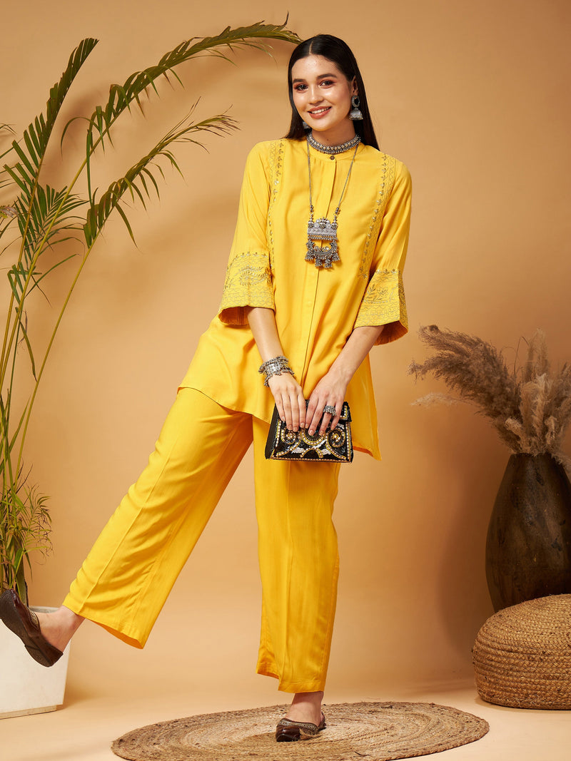 Women Yellow Embroidered Top With Palazzos