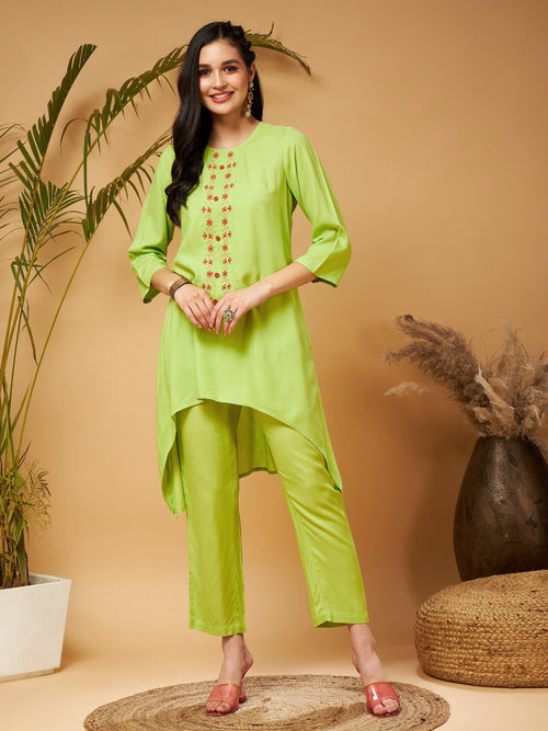Women Lime Green Embroidered High Low Kurta With Pants