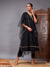 Women Black Kurta Set With Net Sequins Dupatta