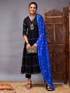 Women Black Tiered Kurta Set With Blue Bandhej Dupatta