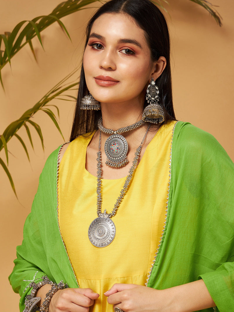 Women Yellow & Green Anarkali Kurta Set With Green Dupatta