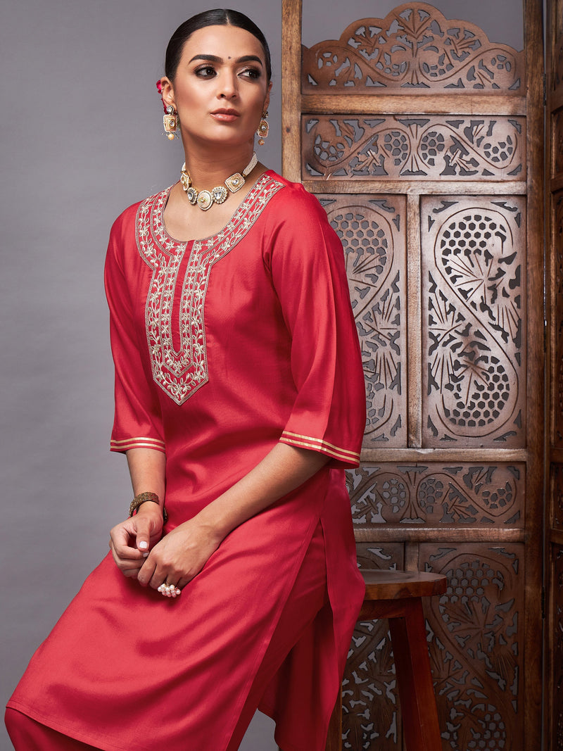 Women Red Gota Embroidered Kurta With Pants