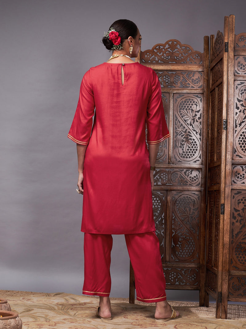 Women Red Gota Embroidered Kurta With Pants
