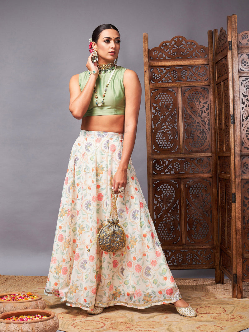 Women Green Crop Top With Beige Floral Anarkali Skirt