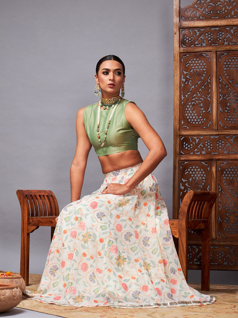 Women Green Crop Top With Beige Floral Anarkali Skirt
