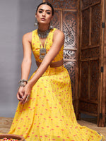 Women Yellow Ruched Crop With Pocket Anarkali Skirt