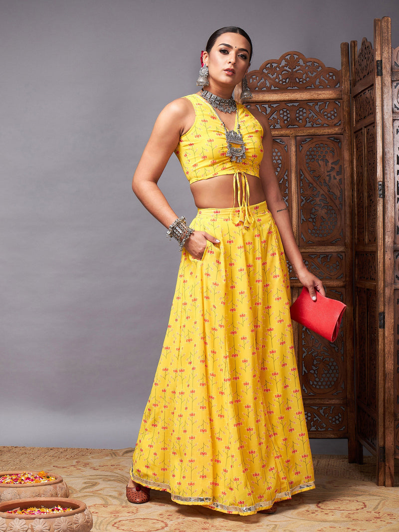 Women Yellow Ruched Crop With Pocket Anarkali Skirt
