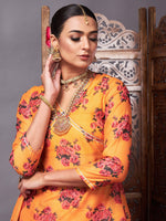 Women Mustard Floral Peplum Top With Anarkali Skirt