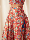 Women Orange Floral Anarkali Skirt With Crop Top
