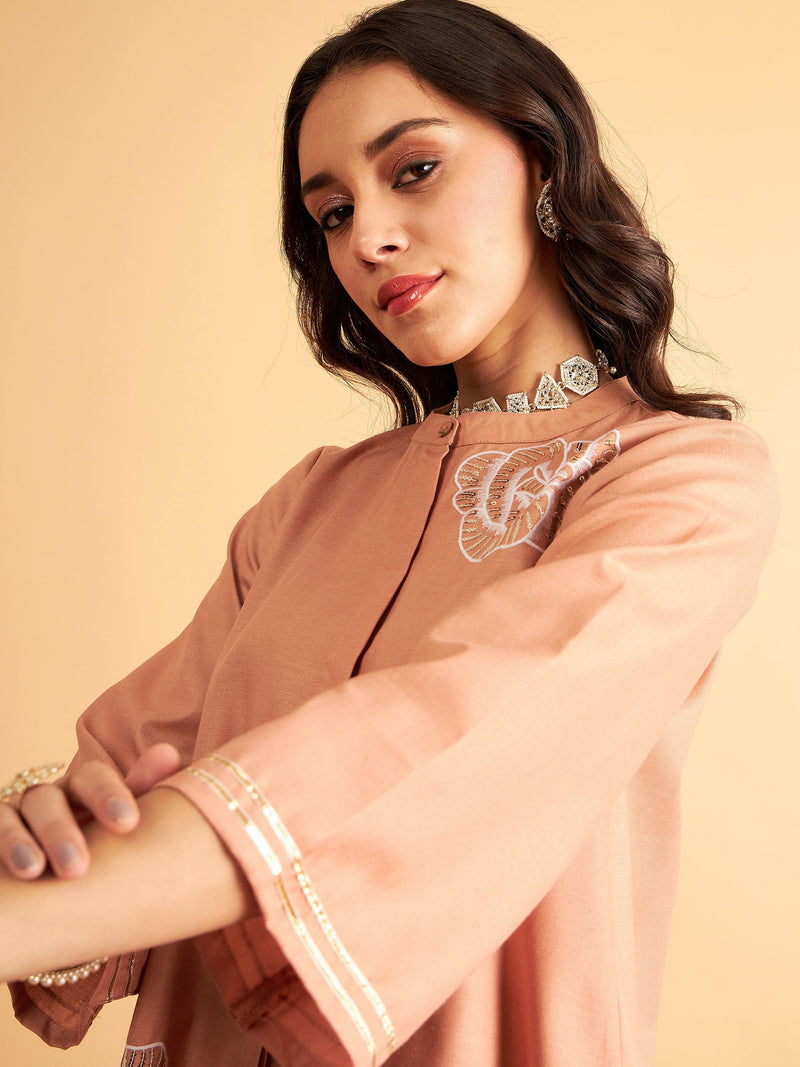 Women Brown Embroidered Collar Shirt With Pants