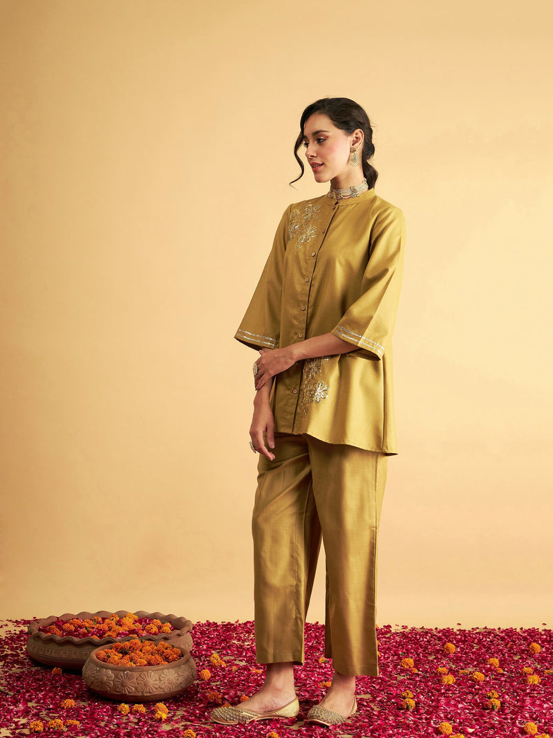 Women Yellow Embroidered Collar Shirt With Pants