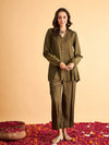 Women Olive Sleeves Embroidered Shirt With Pants