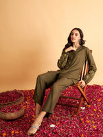 Women Olive Sleeves Embroidered Shirt With Pants