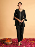 Women Black Embroidered A Line Top With Pants