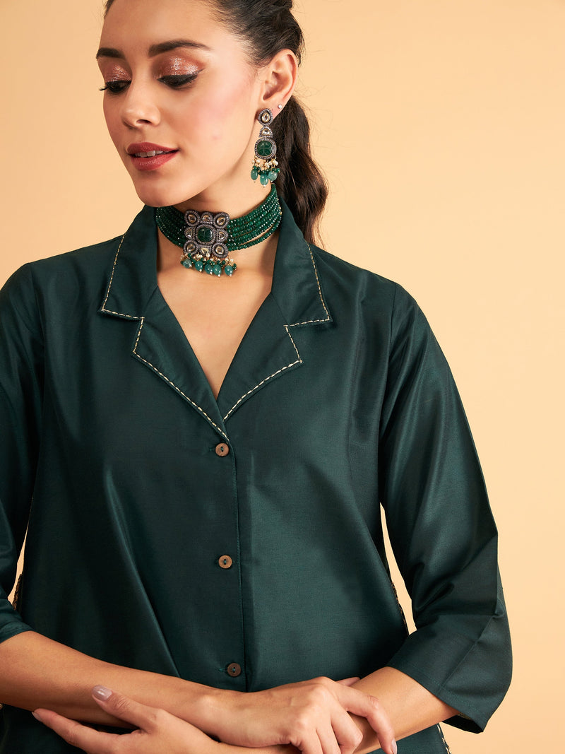 Women Emerald Zari Embroidered Collar Shirt With Pants