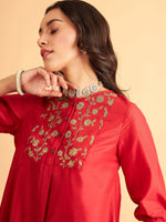 Women Red Embroidered Top With Pants