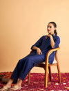 Women Royal Blue Embroidered Collar Shirt With Pants