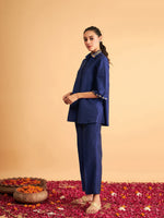 Women Royal Blue Embroidered Collar Shirt With Pants