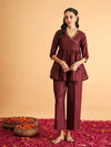 Women Maroon Embroidered Wrap Peplum Top With Pants