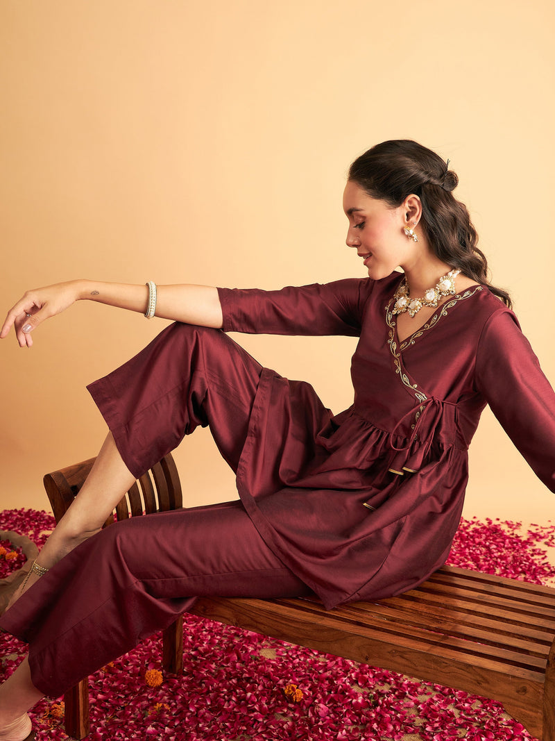 Women Maroon Embroidered Wrap Peplum Top With Pants