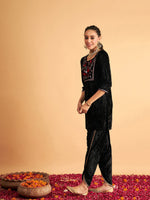 Women Black Velvet Embroidered Short Kurta With Dhoti Pants