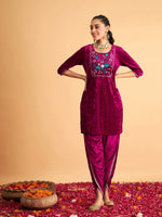 Women Fuchsia Velvet Embroidered Short Kurta With Dhoti Pants