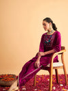 Women Fuchsia Velvet Embroidered Short Kurta With Dhoti Pants