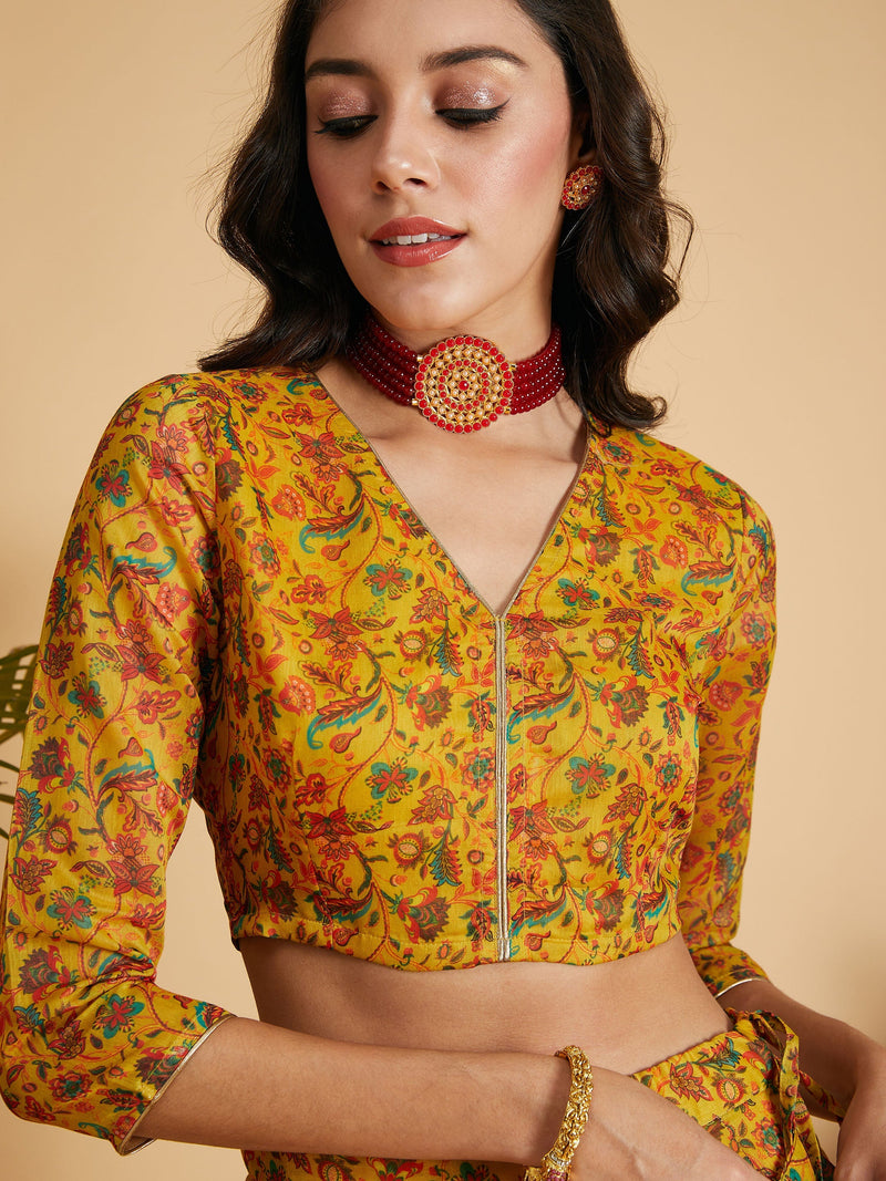 Women Mustard Floral Anarkali Skirt With Crop Top