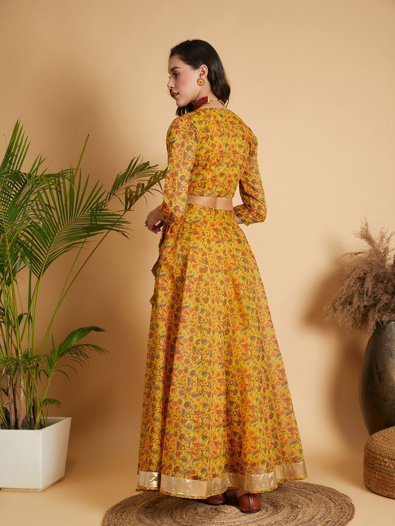 Women Mustard Floral Anarkali Skirt With Crop Top