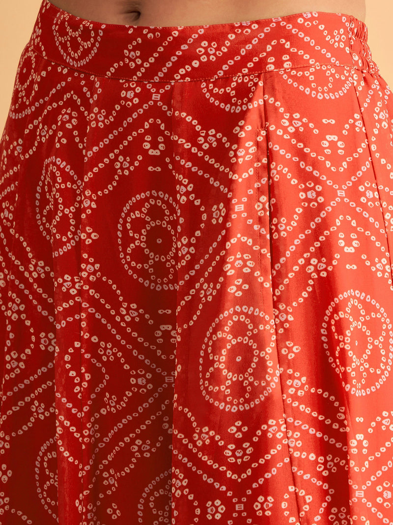 Women Red & White Bandhej Anarkali Skirt With Crop Top